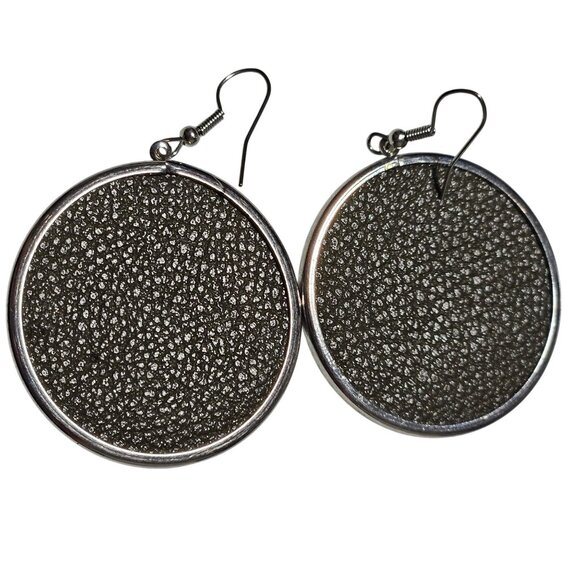 Boho Retro Sunflower Embroidered Leather Drop Earrings Silver Tone Frame 60s 70s - Picture 2 of 4